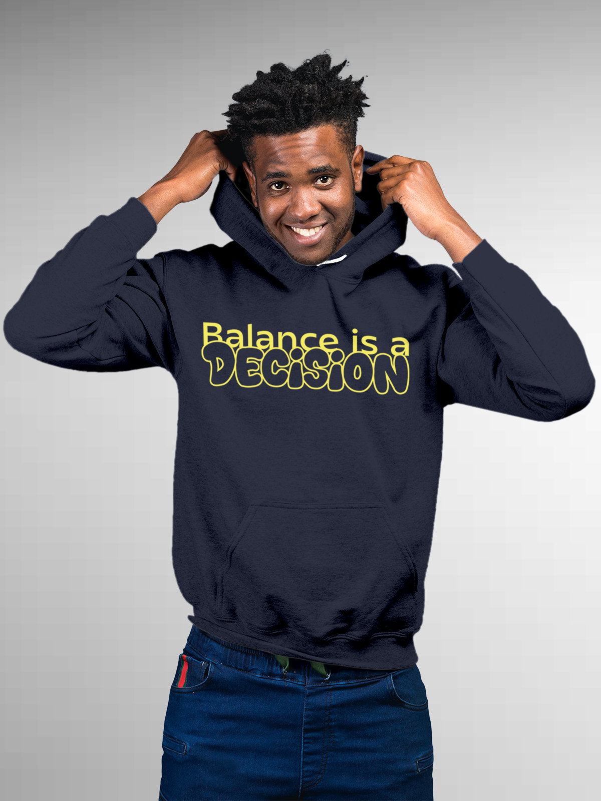 Model wearing Men's Navy Blue Hoodie Sweatshirt with 'Balance Is A Decision' design, offering effortless style and premium comfort