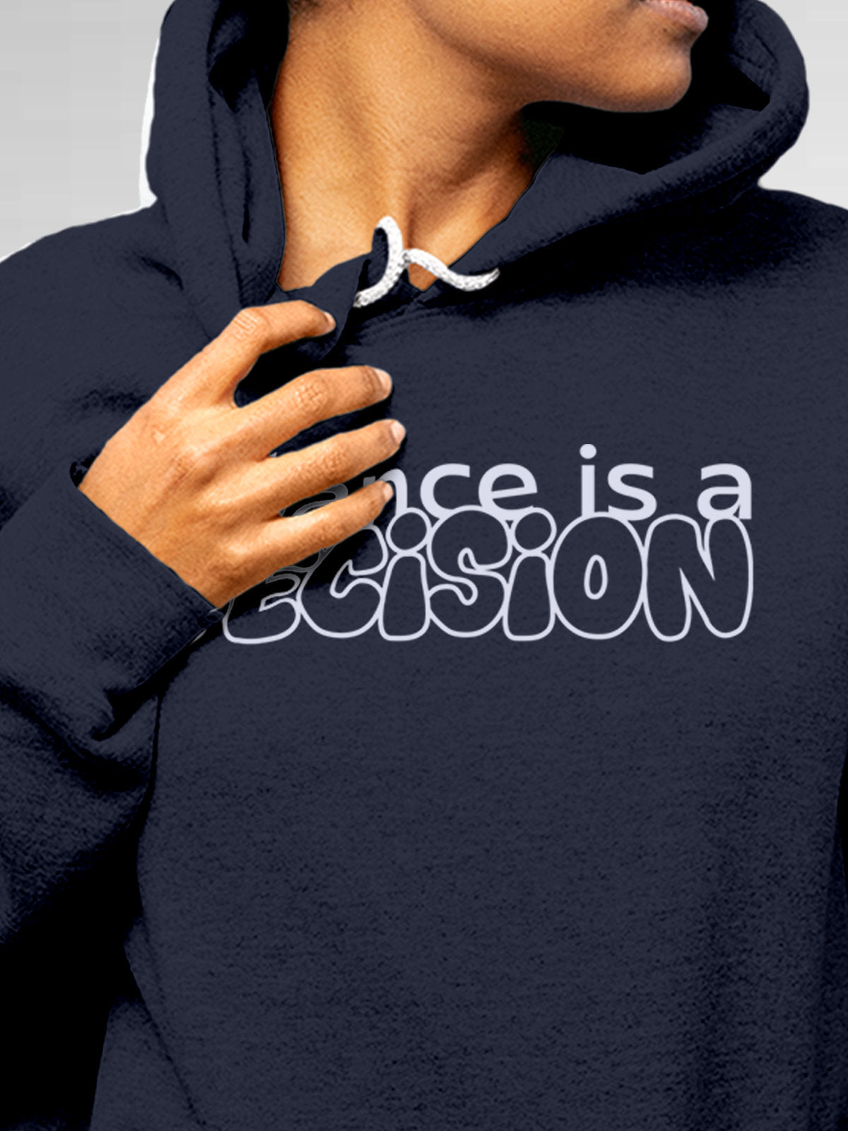 Close up of 'Balance Is A Decision' design on Women's Navy Blue Hoodie Sweatshirt, highlighting intricate details and vibrant print.