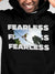 Close up of 'Fearless' design on Men's Black Hoodie Sweatshirt, highlighting intricate details and vibrant print.
