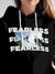 Close up of 'Fearless' design on Women's Black Hoodie Sweatshirt, highlighting intricate details and vibrant print.