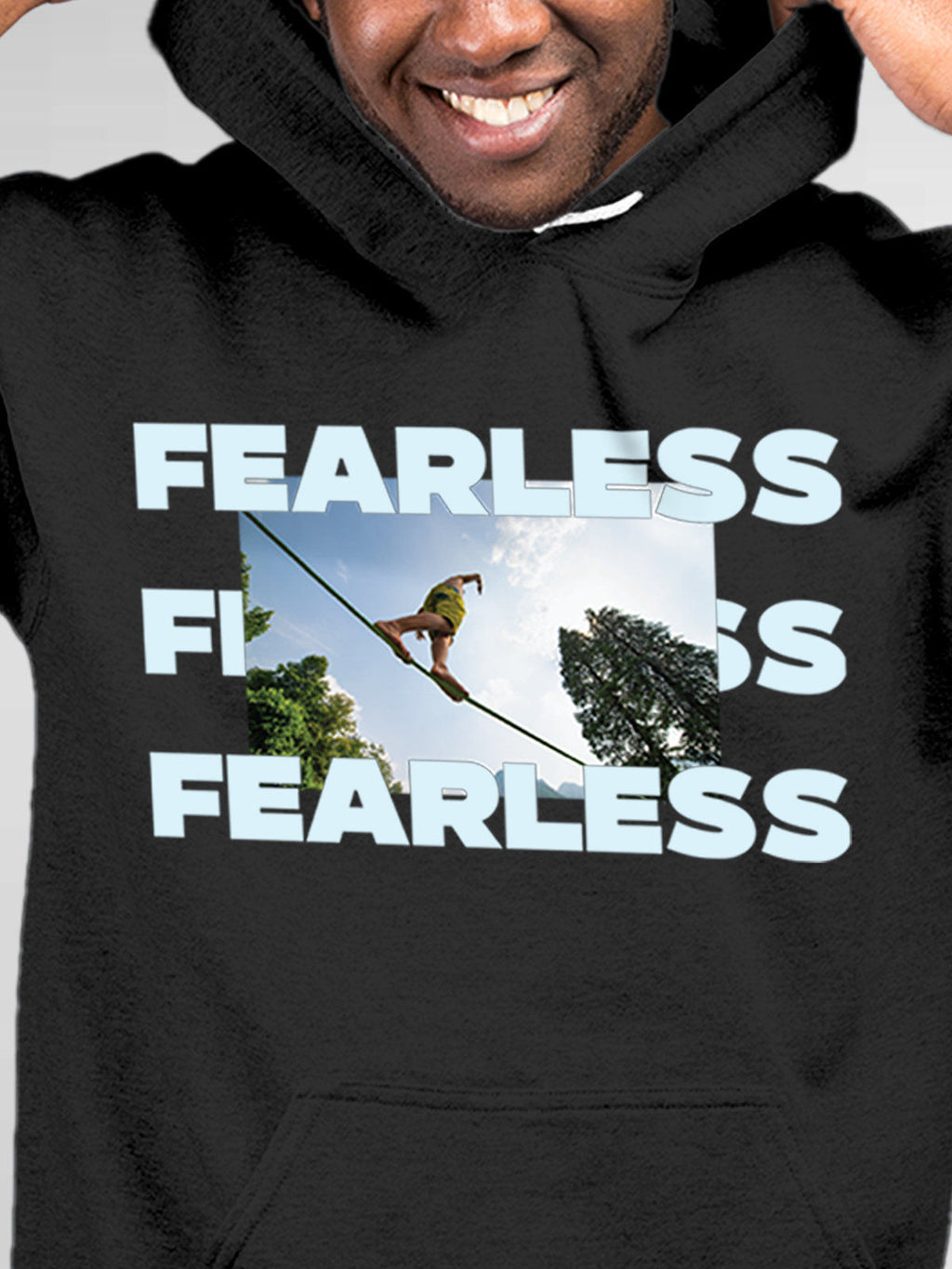 Close up of 'Fearless' design on Men's Dark Grey Hoodie Sweatshirt, highlighting intricate details and vibrant print.