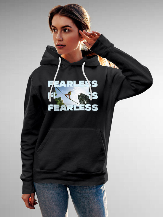 Fighterhero Hoodies: Model wearing Women's Dark Grey Hoodie Sweatshirt with 'Fearless' design