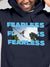 Close up of 'Fearless' design on Men's Navy Blue Hoodie Sweatshirt, highlighting intricate details and vibrant print.