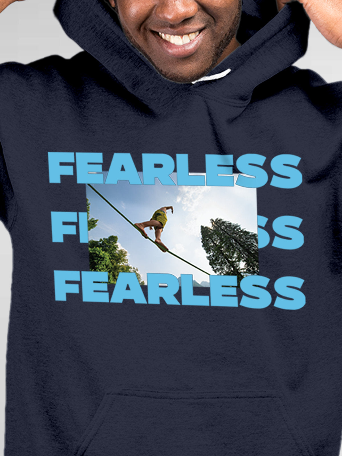 Close up of 'Fearless' design on Men's Navy Blue Hoodie Sweatshirt, highlighting intricate details and vibrant print.