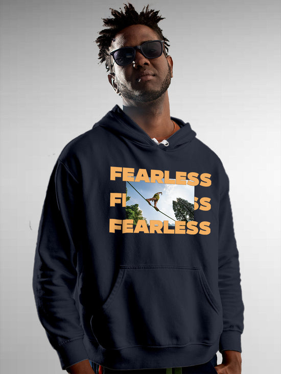 Fighterhero Hoodies: Model wearing Men's Navy Blue Hoodie Sweatshirt with 'Fearless' design