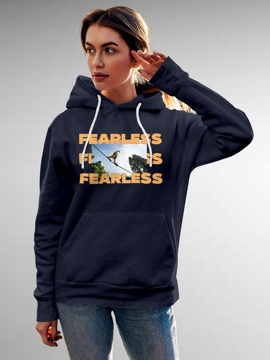 Fighterhero Hoodies: Model wearing Women's Navy Blue Hoodie Sweatshirt with 'Fearless' design
