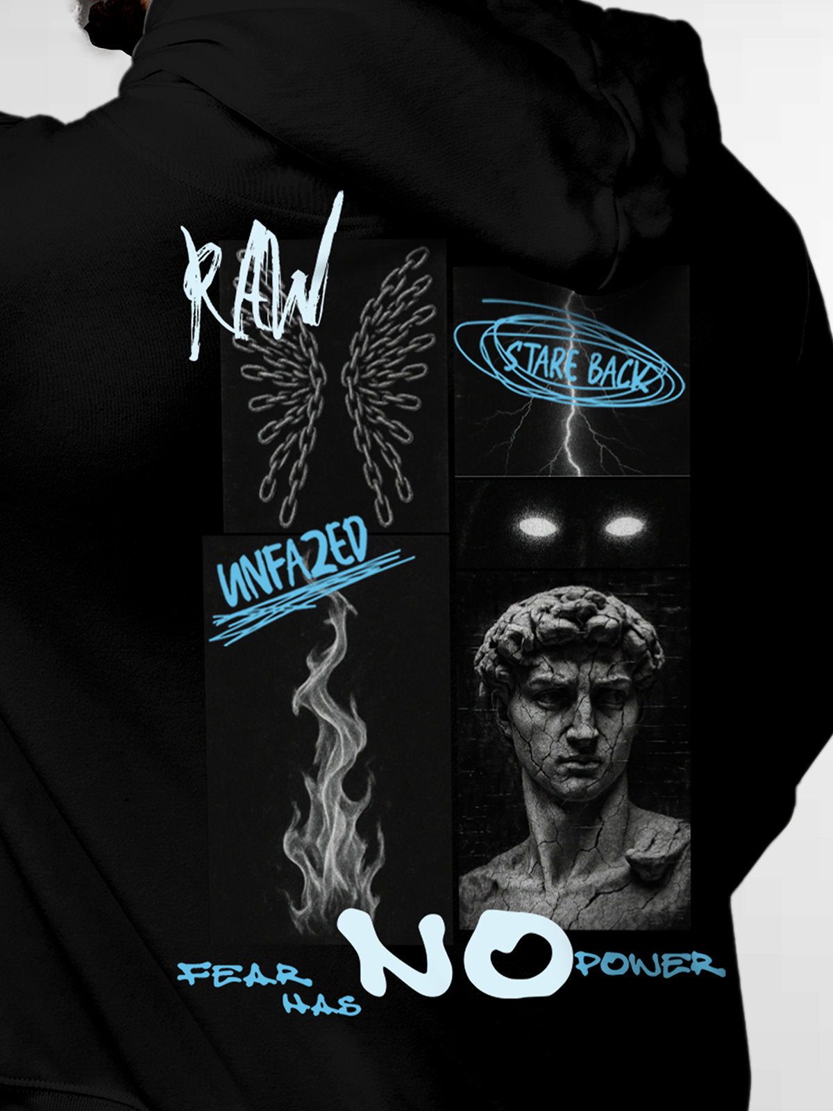 Close up of 'Face The Fear' design on Men's Black Hoodie Sweatshirt, highlighting intricate details and vibrant print.