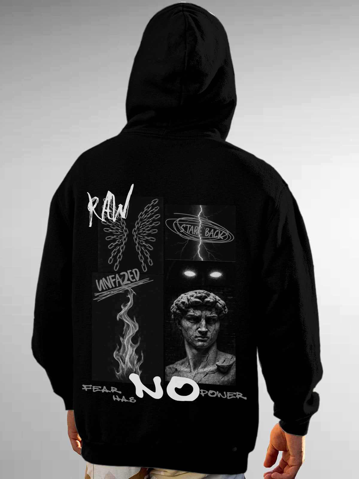 Model wearing Men's Black Hoodie Sweatshirt with 'Face The Fear' design, offering effortless style and premium comfort