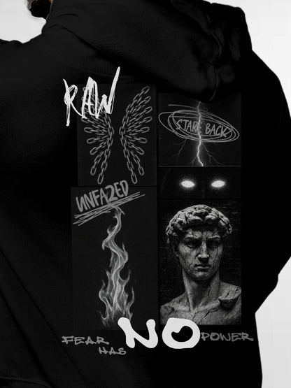 Close up of 'Face The Fear' design on Men's Black Hoodie Sweatshirt, highlighting intricate details and vibrant print.