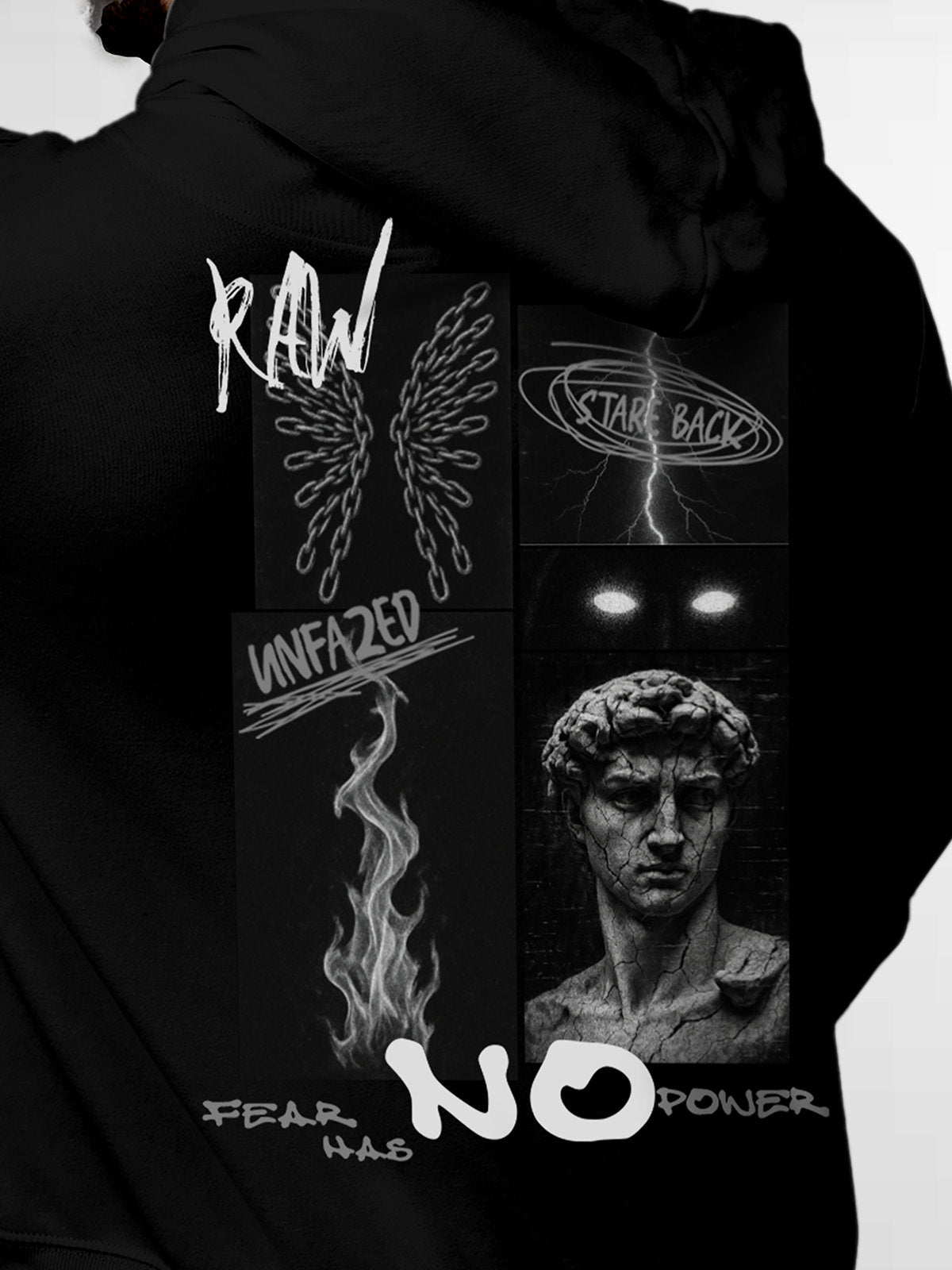 Close up of 'Face The Fear' design on Men's Black Hoodie Sweatshirt, highlighting intricate details and vibrant print.