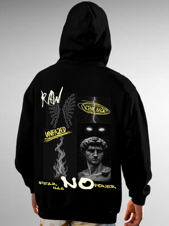 Fighterhero Hoodies: Model wearing Men's Black Hoodie Sweatshirt with 'Face The Fear' design