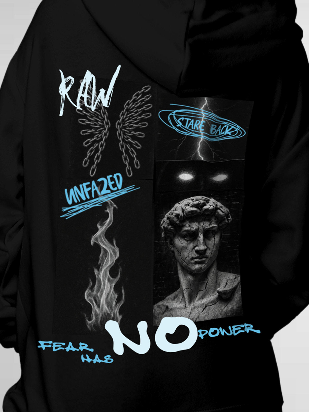 Close up of 'Face The Fear' design on Women's Black Hoodie Sweatshirt, highlighting intricate details and vibrant print.