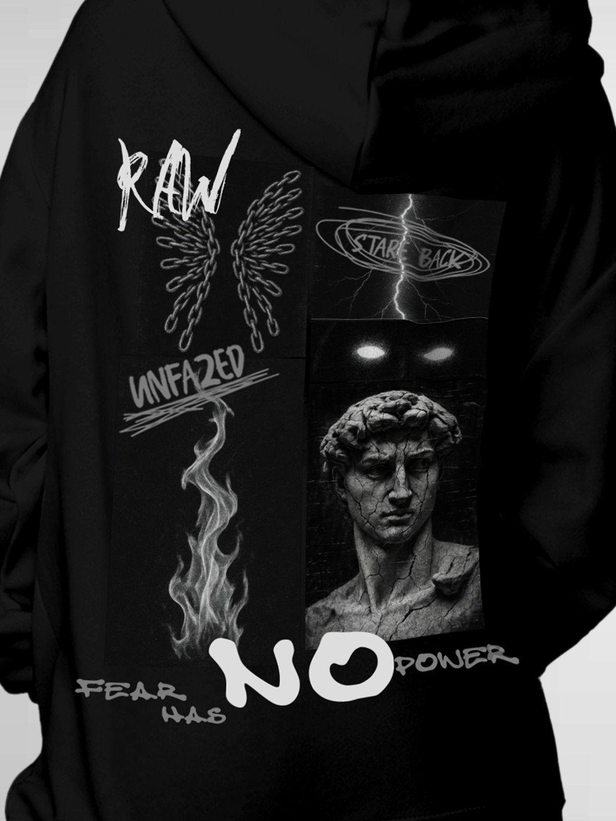 Close up of 'Face The Fear' design on Women's Black Hoodie Sweatshirt, highlighting intricate details and vibrant print.