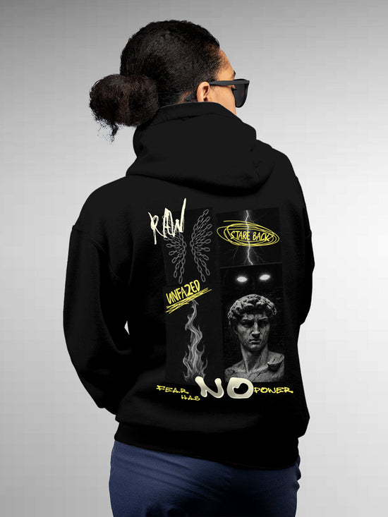 Fighterhero Hoodies: Model wearing Women's Black Hoodie Sweatshirt with 'Face The Fear' design