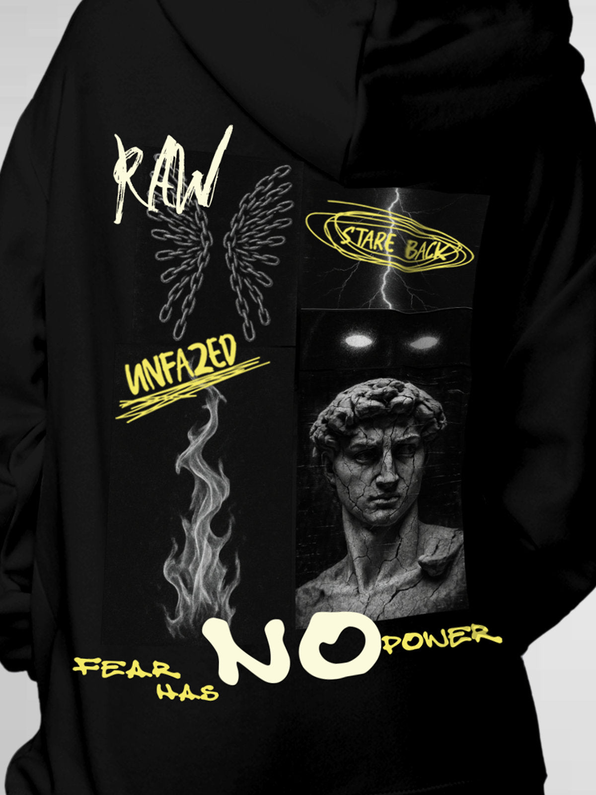 Close up of 'Face The Fear' design on Women's Black Hoodie Sweatshirt, highlighting intricate details and vibrant print.