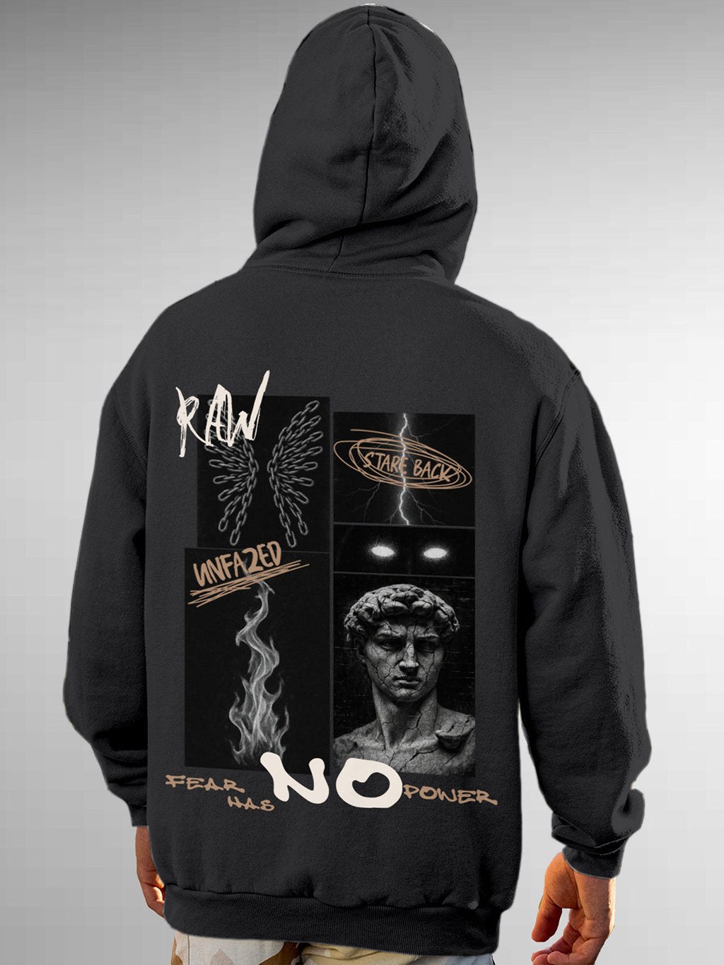 Model wearing Men's Dark Grey Hoodie Sweatshirt with 'Face The Fear' design, offering effortless style and premium comfort