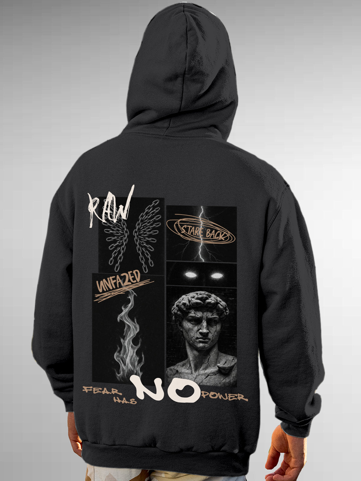 Model wearing Men's Dark Grey Hoodie Sweatshirt with 'Face The Fear' design, offering effortless style and premium comfort