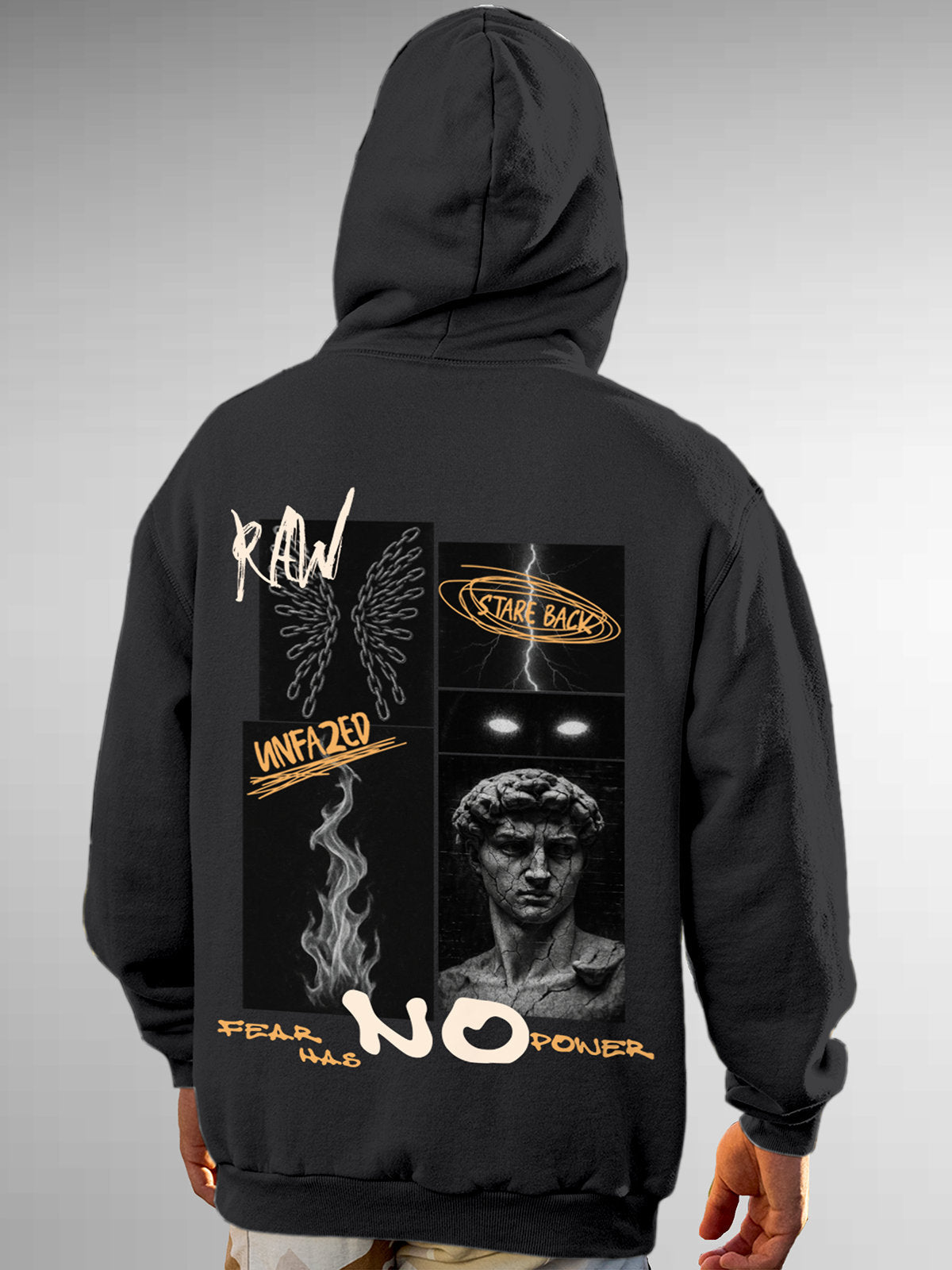 Fighterhero Hoodies: Model wearing Men's Dark Grey Hoodie Sweatshirt with 'Face The Fear' design