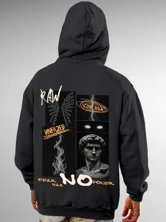 Fighterhero Hoodies: Model wearing Men's Dark Grey Hoodie Sweatshirt with 'Face The Fear' design