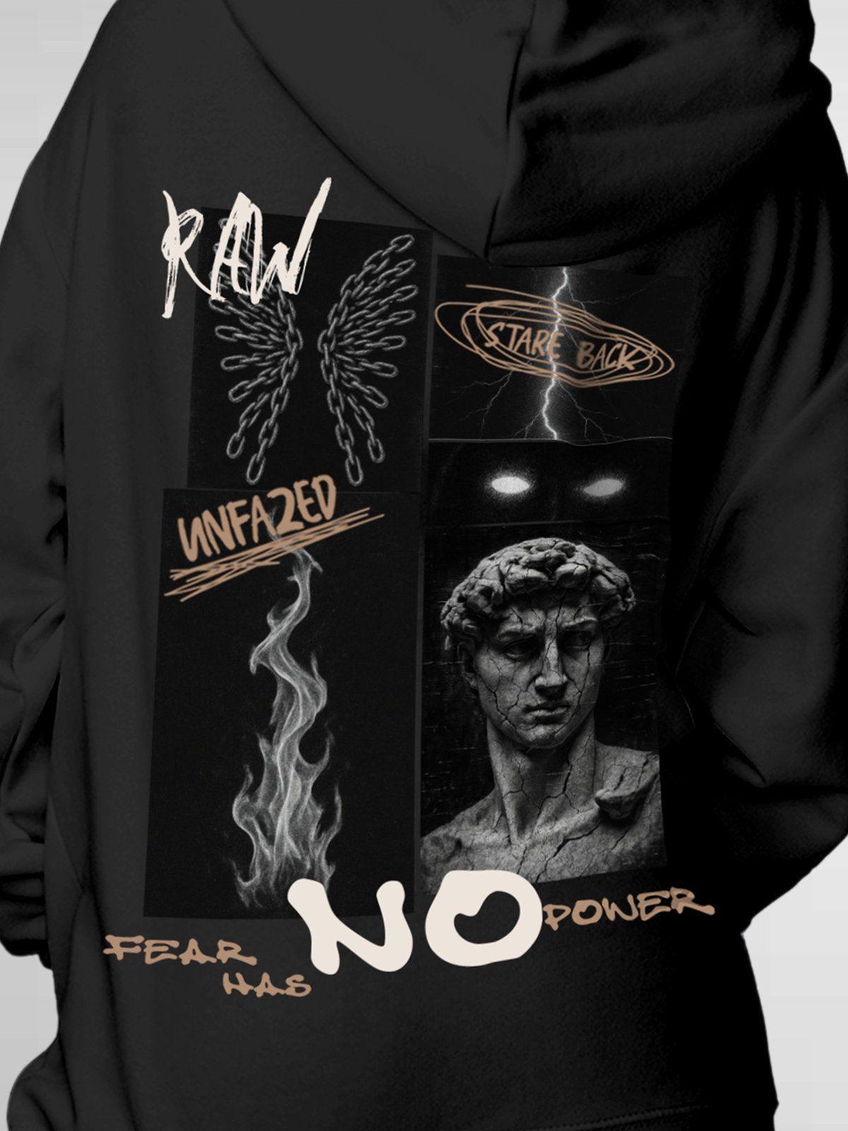 Close up of 'Face The Fear' design on Women's Dark Grey Hoodie Sweatshirt, highlighting intricate details and vibrant print.