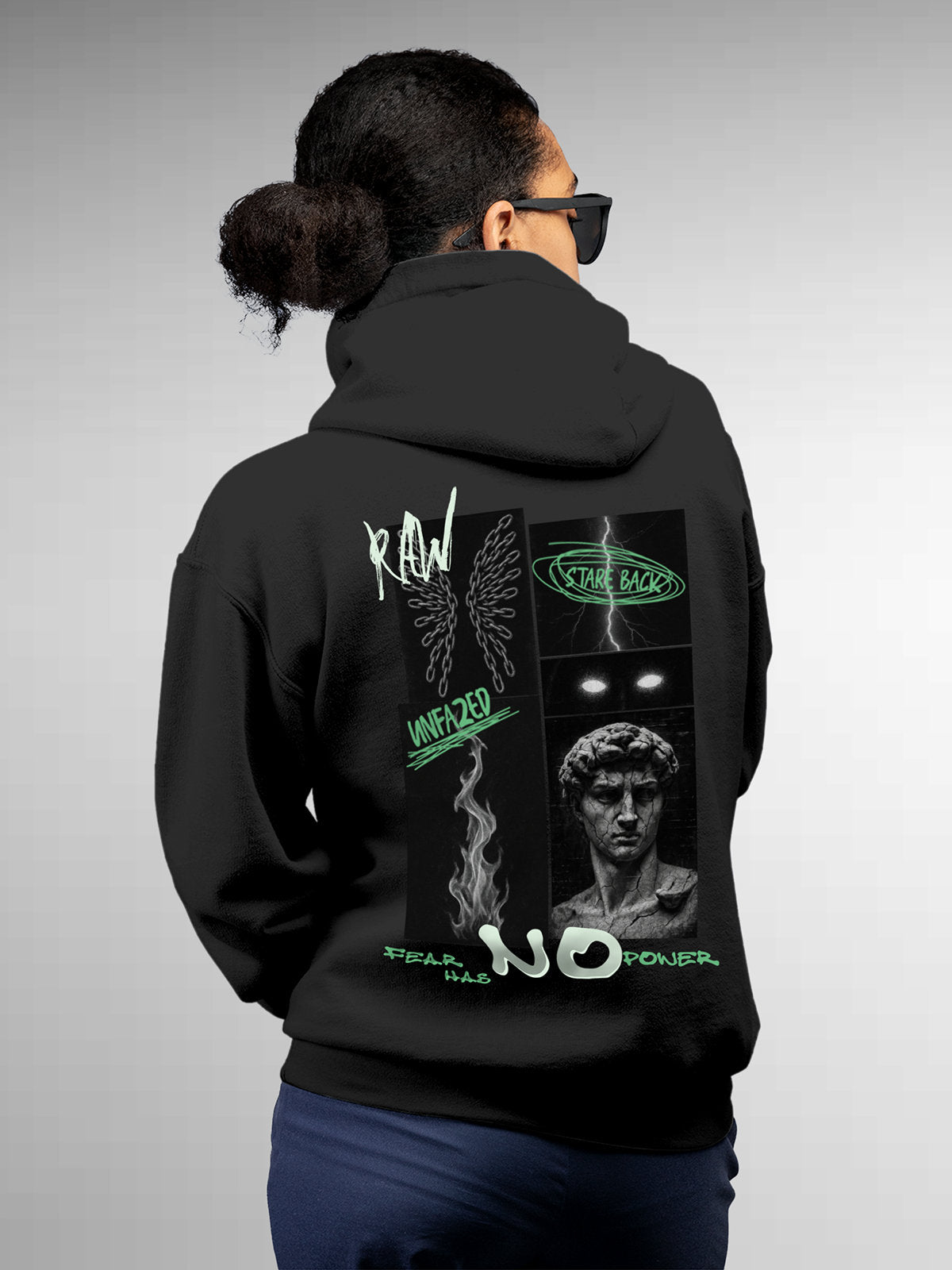 Fighterhero Hoodies: Model wearing Women's Dark Grey Hoodie Sweatshirt with 'Face The Fear' design