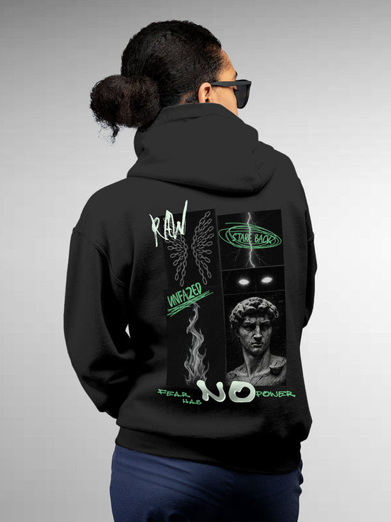 Fighterhero Hoodies: Model wearing Women's Dark Grey Hoodie Sweatshirt with 'Face The Fear' design