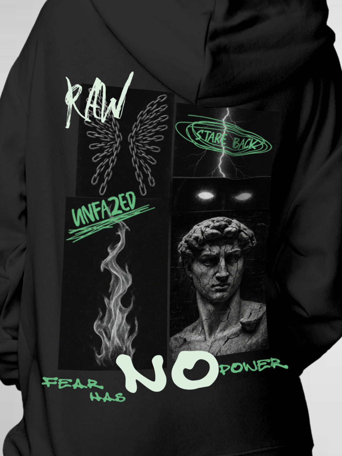 Close up of 'Face The Fear' design on Women's Dark Grey Hoodie Sweatshirt, highlighting intricate details and vibrant print.