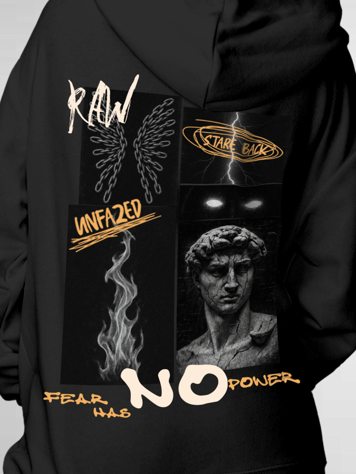 Close up of 'Face The Fear' design on Women's Dark Grey Hoodie Sweatshirt, highlighting intricate details and vibrant print.