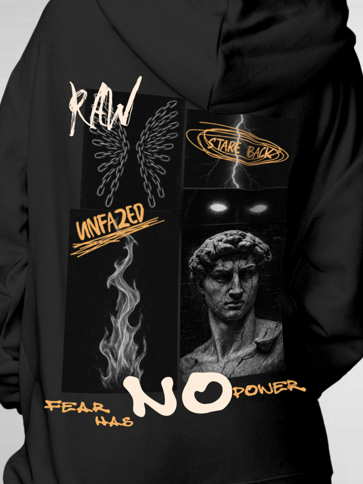 Close up of 'Face The Fear' design on Women's Dark Grey Hoodie Sweatshirt, highlighting intricate details and vibrant print.