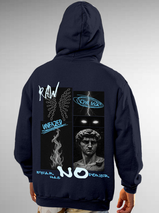 Fighterhero Hoodies: Model wearing Men's Navy Blue Hoodie Sweatshirt with 'Face The Fear' design