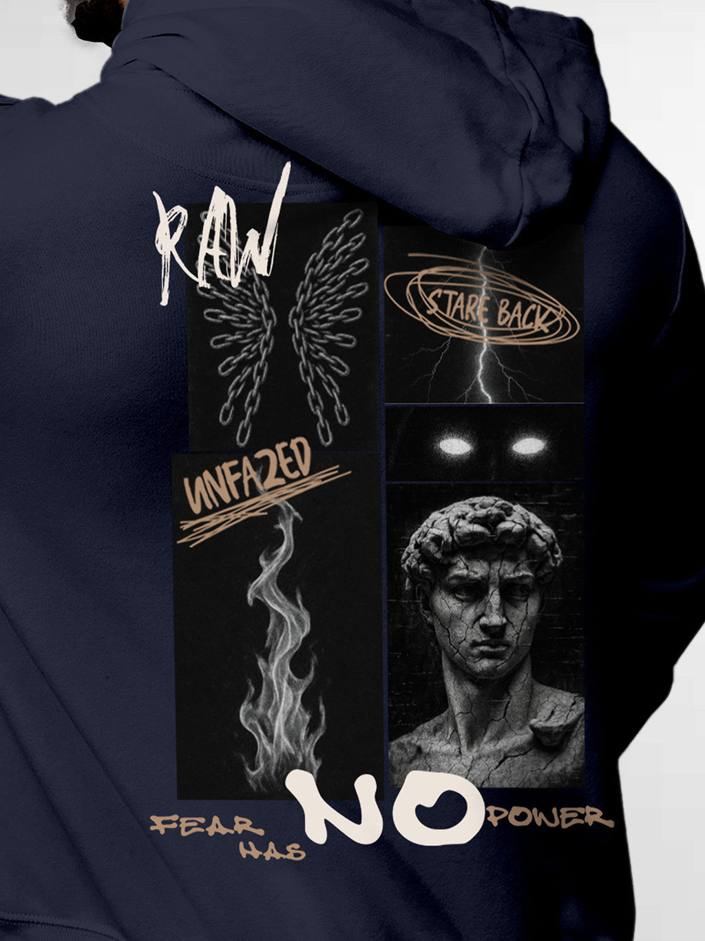 Close up of 'Face The Fear' design on Men's Navy Blue Hoodie Sweatshirt, highlighting intricate details and vibrant print.