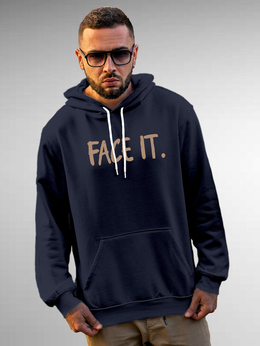 Front view of Fighterhero Men's Navy Blue Hoodie Sweatshirt, highlighting the modern look and clean finish