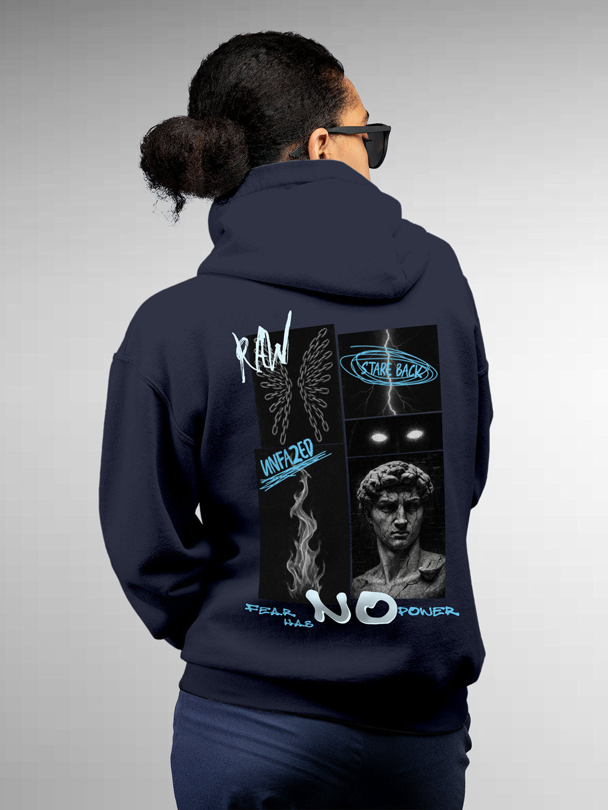 Model wearing Women's Navy Blue Hoodie Sweatshirt with 'Face The Fear' design, offering effortless style and premium comfort