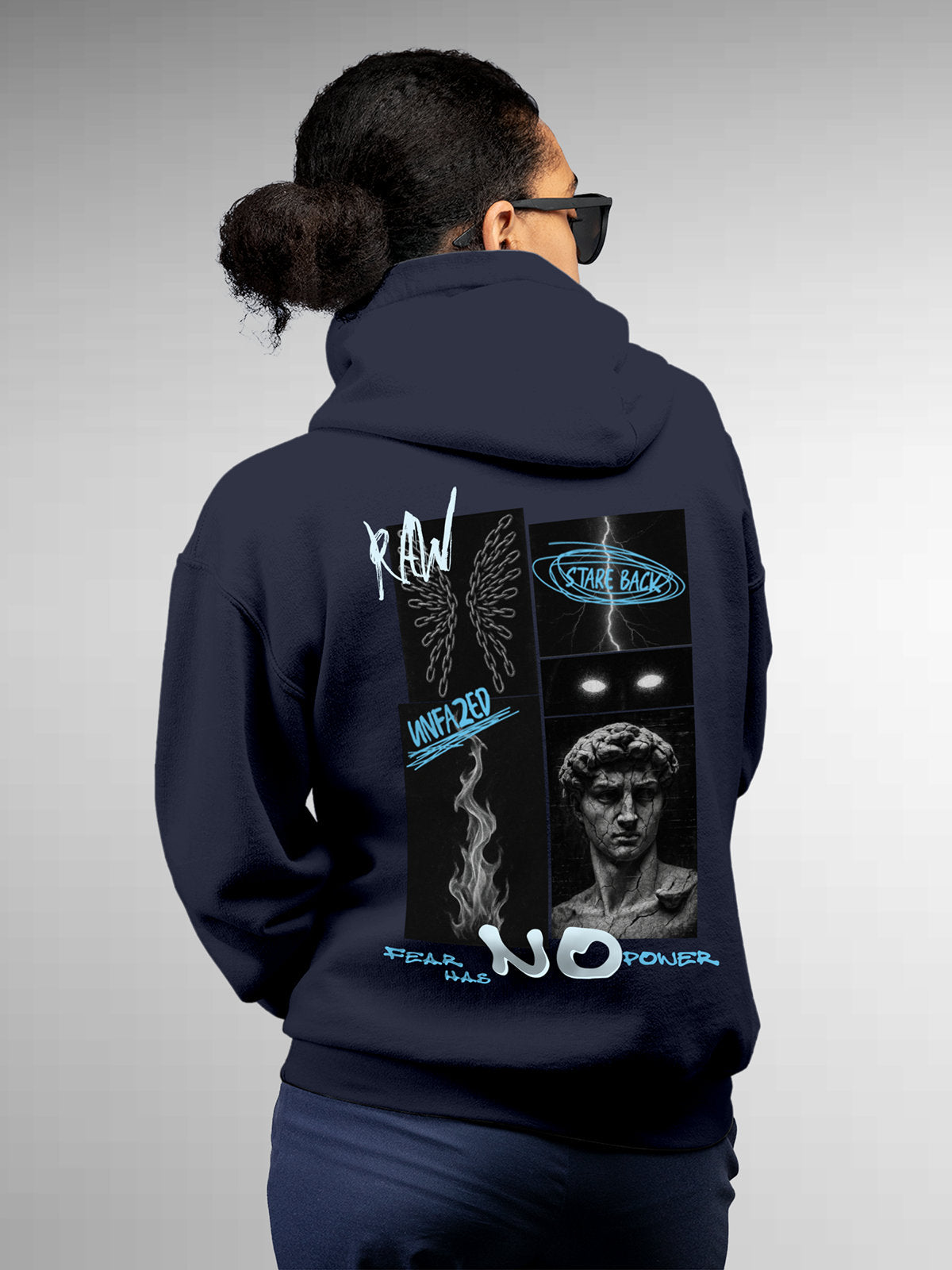 Fighterhero Hoodies: Model wearing Women's Navy Blue Hoodie Sweatshirt with 'Face The Fear' design