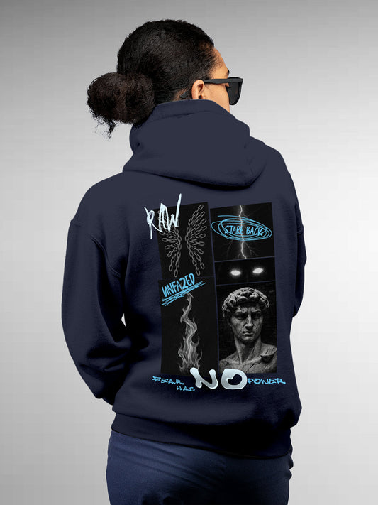 Fighterhero Hoodies: Model wearing Women's Navy Blue Hoodie Sweatshirt with 'Face The Fear' design