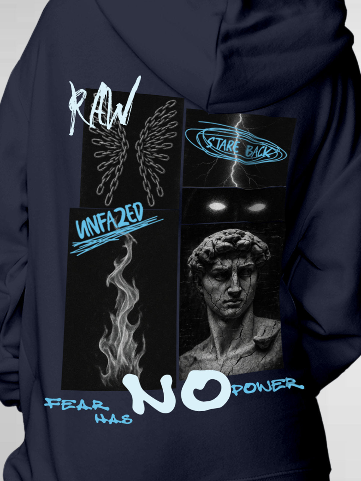 Close up of 'Face The Fear' design on Women's Navy Blue Hoodie Sweatshirt, highlighting intricate details and vibrant print.