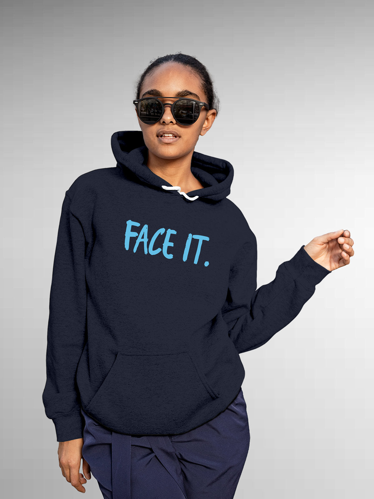 Front view of Fighterhero Women's Navy Blue Hoodie Sweatshirt, highlighting the modern look and clean finish
