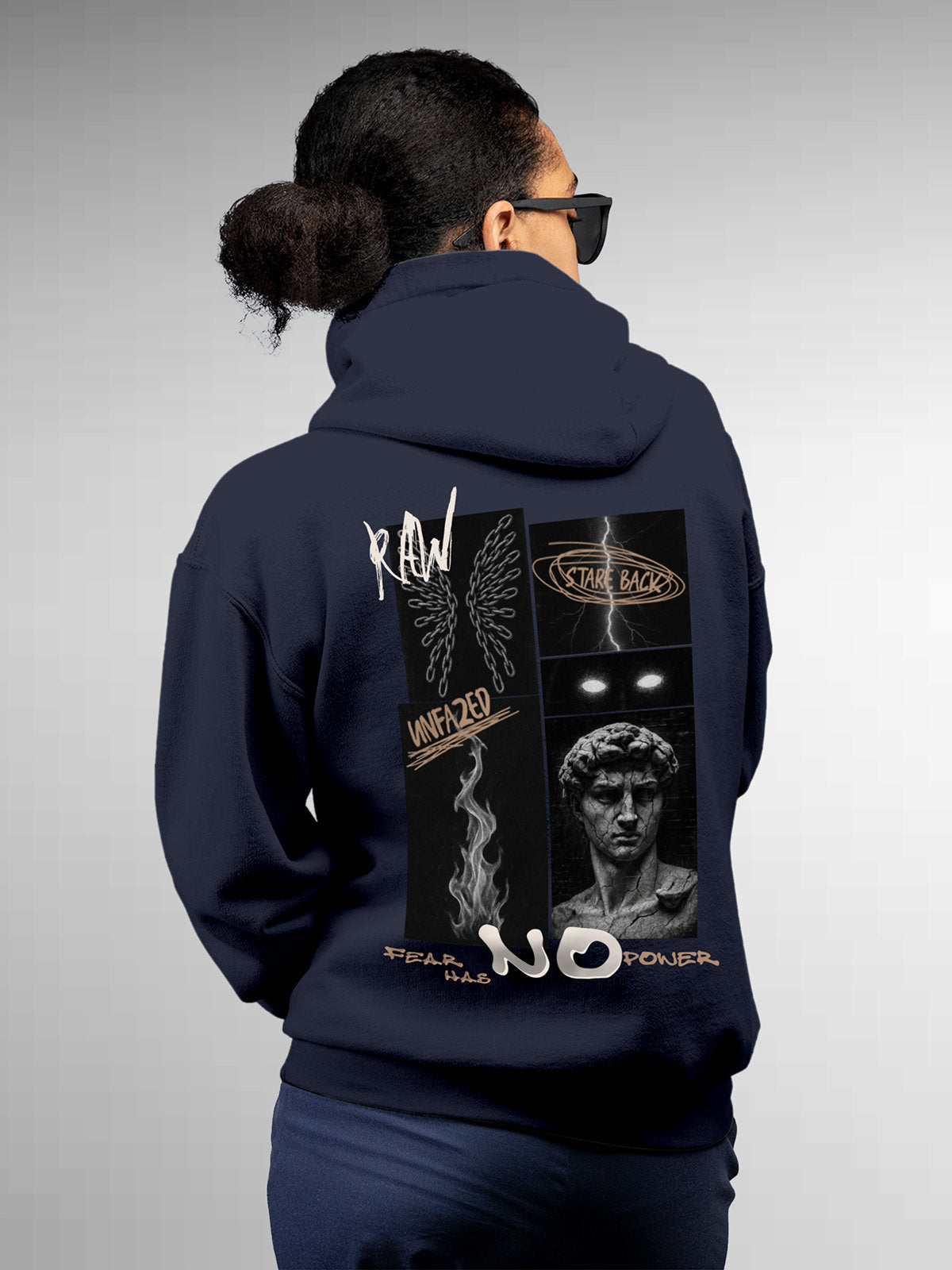 Model wearing Women's Navy Blue Hoodie Sweatshirt with 'Face The Fear' design, offering effortless style and premium comfort