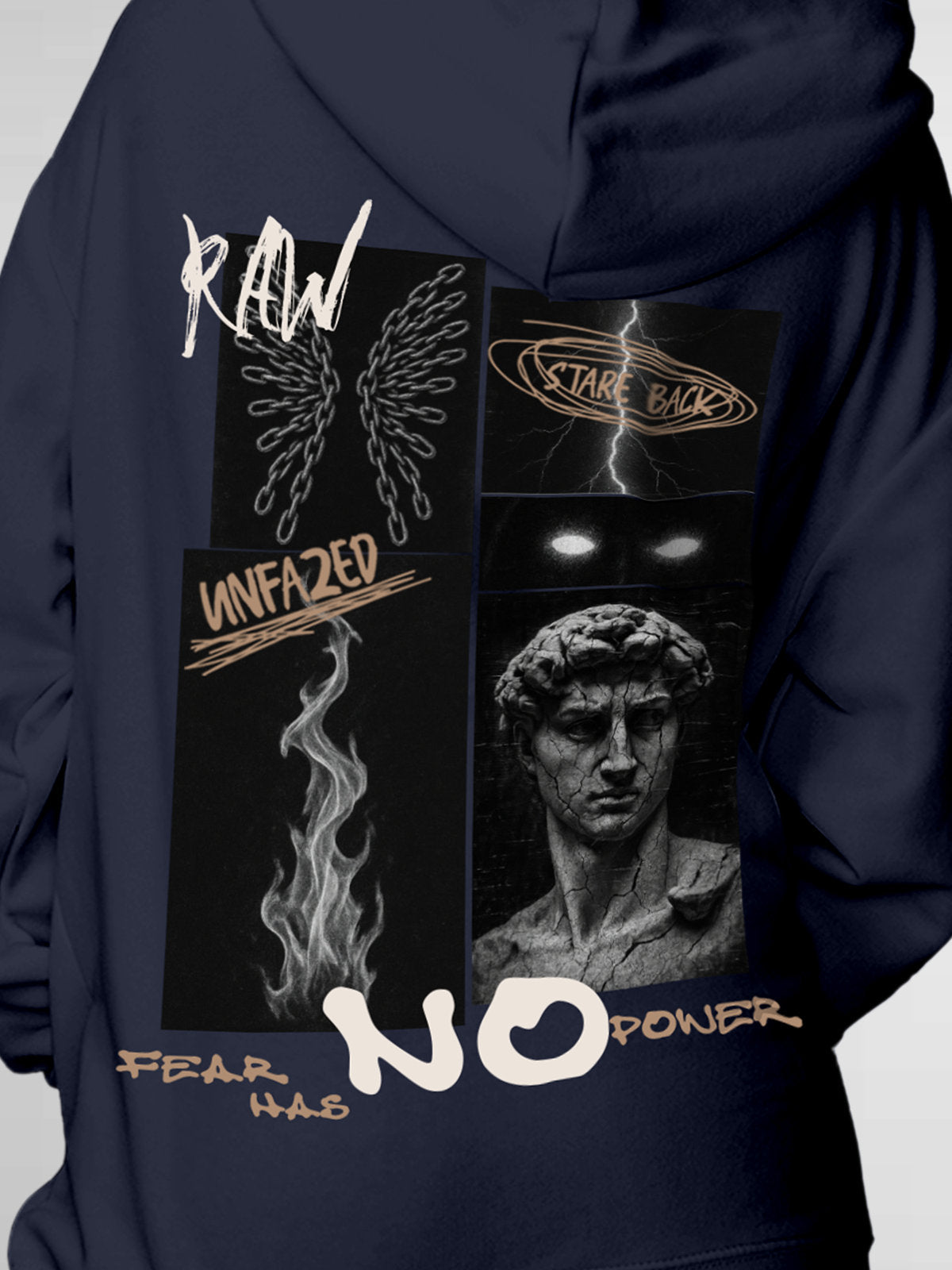 Close up of 'Face The Fear' design on Women's Navy Blue Hoodie Sweatshirt, highlighting intricate details and vibrant print.