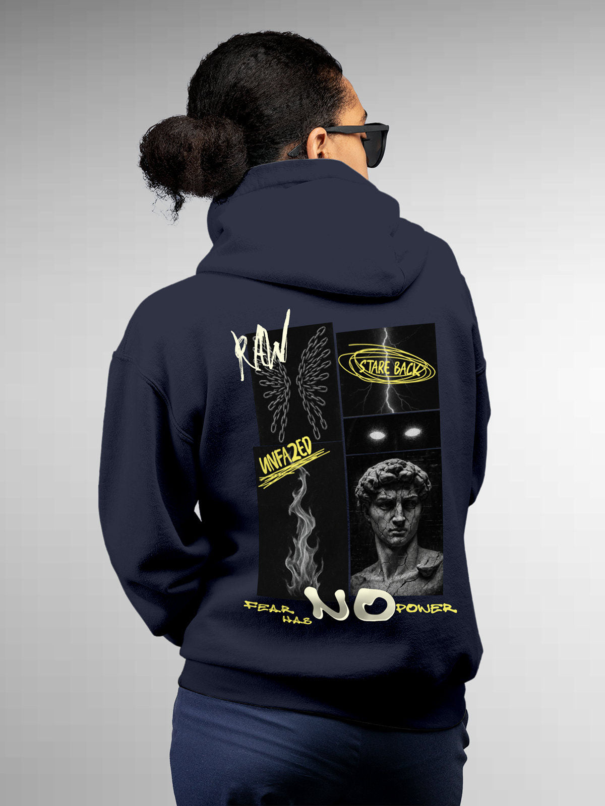 Model wearing Women's Navy Blue Hoodie Sweatshirt with 'Face The Fear' design, offering effortless style and premium comfort