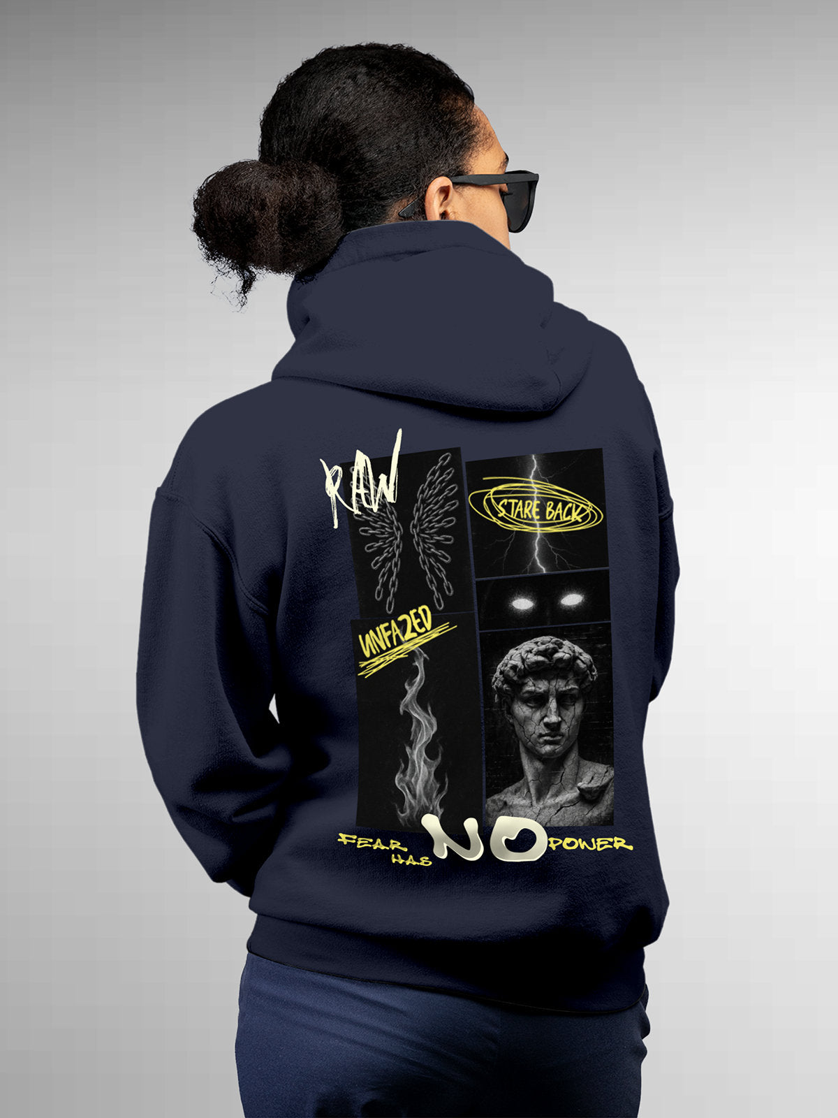 Model wearing Women's Navy Blue Hoodie Sweatshirt with 'Face The Fear' design, offering effortless style and premium comfort