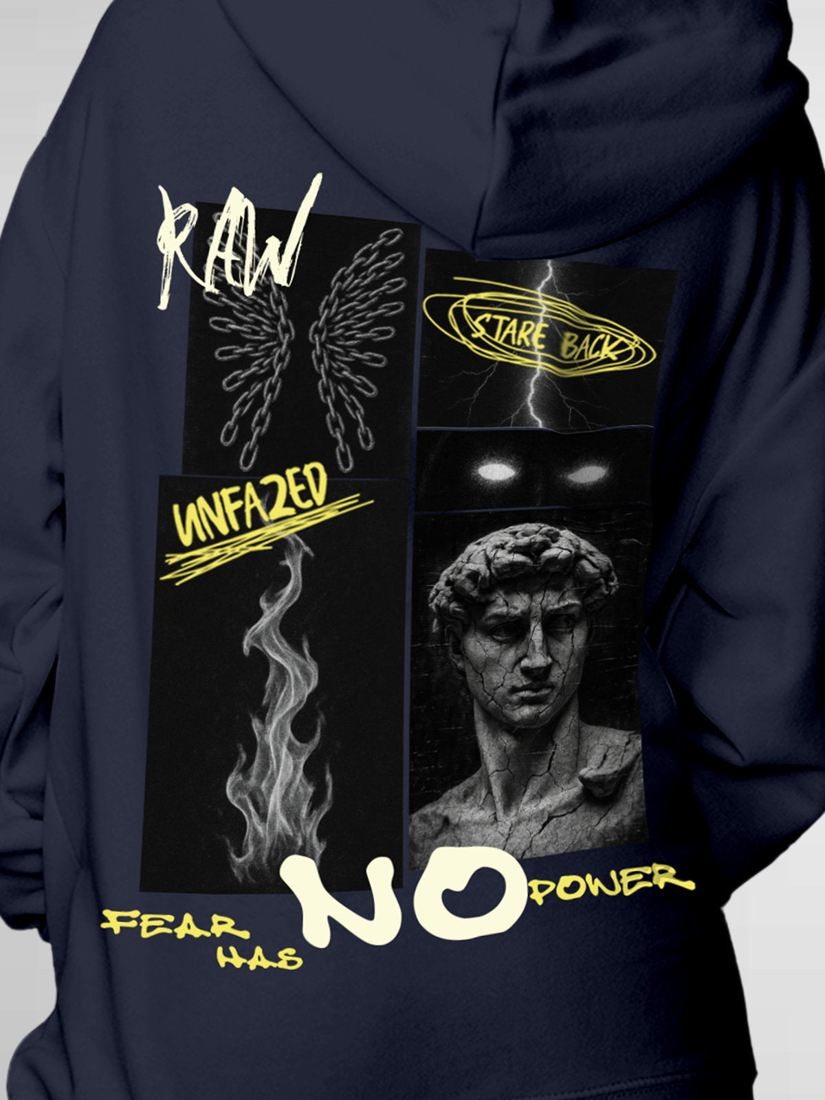 Close up of 'Face The Fear' design on Women's Navy Blue Hoodie Sweatshirt, highlighting intricate details and vibrant print.