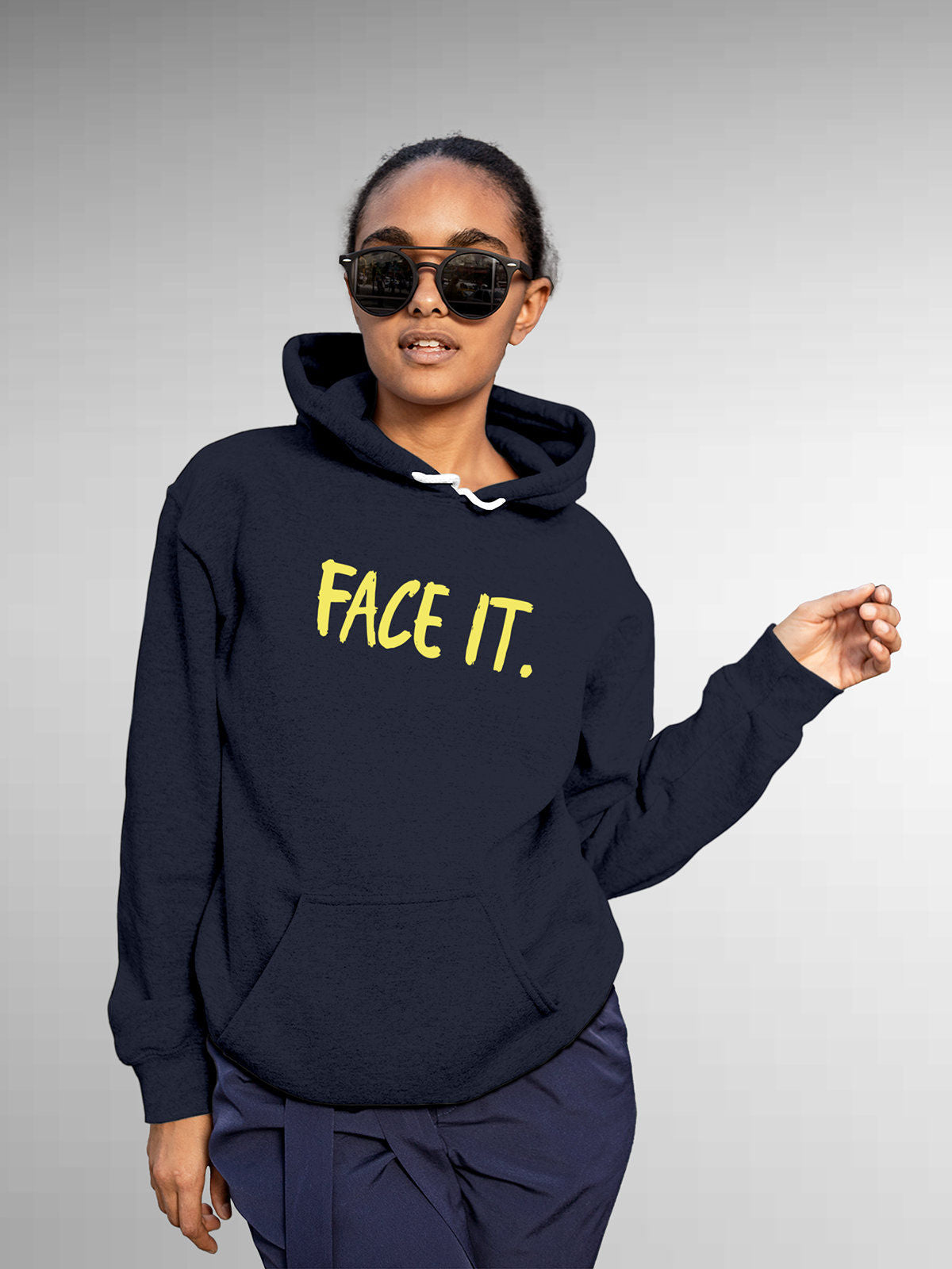 Front view of Fighterhero Women's Navy Blue Hoodie Sweatshirt, highlighting the modern look and clean finish