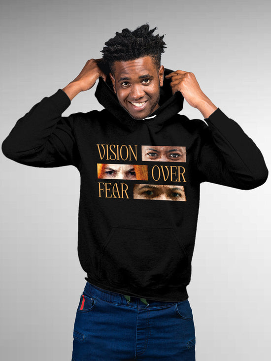 Fighterhero Hoodies: Model wearing Men's Black Hoodie Sweatshirt with 'Vision Over Fear' design