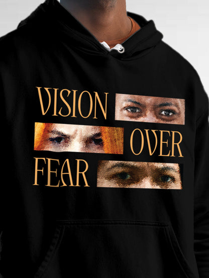 Close up of 'Vision Over Fear' design on Men's Black Hoodie Sweatshirt, highlighting intricate details and vibrant print.