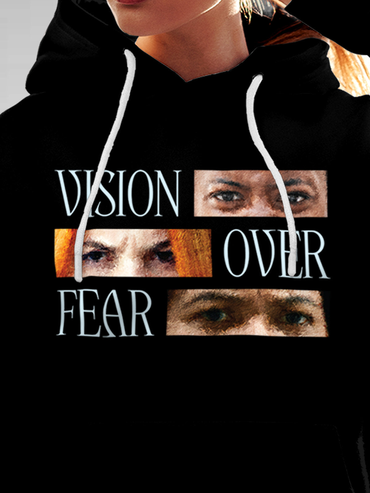 Close up of 'Vision Over Fear' design on Women's Black Hoodie Sweatshirt, highlighting intricate details and vibrant print.