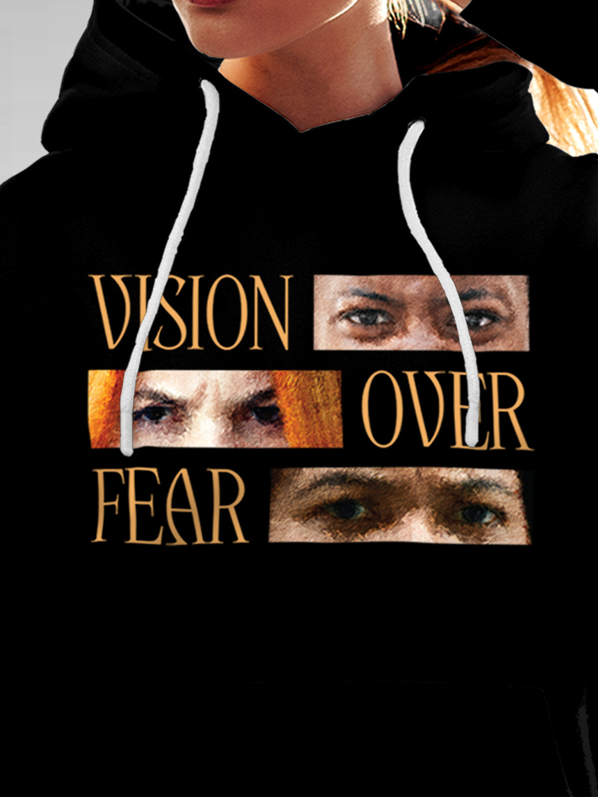 Close up of 'Vision Over Fear' design on Women's Black Hoodie Sweatshirt, highlighting intricate details and vibrant print.