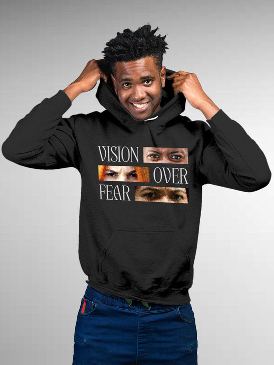 Fighterhero Hoodies: Model wearing Men's Dark Grey Hoodie Sweatshirt with 'Vision Over Fear' design