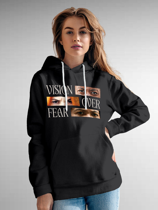 Fighterhero Hoodies: Model wearing Women's Dark Grey Hoodie Sweatshirt with 'Vision Over Fear' design
