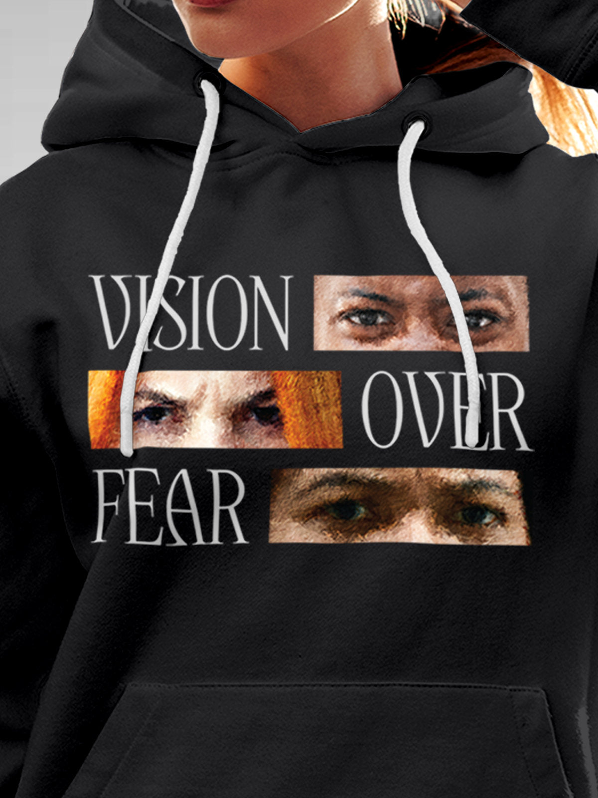 Close up of 'Vision Over Fear' design on Women's Dark Grey Hoodie Sweatshirt, highlighting intricate details and vibrant print.